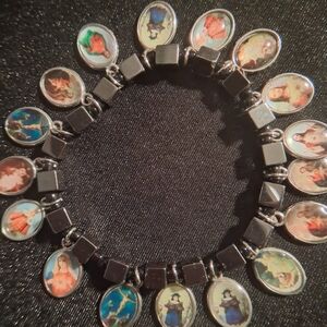Christian Catholic Silver Charm Bracelet with Colorful Portraits Of Saints.